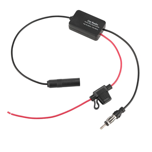 Produktbild von Universeller 12V Auto-FM-Antennenverstärker – Geringes Rauschen, 25dB Verstärkung, Inkl. Klebstoff & Roter Klemme