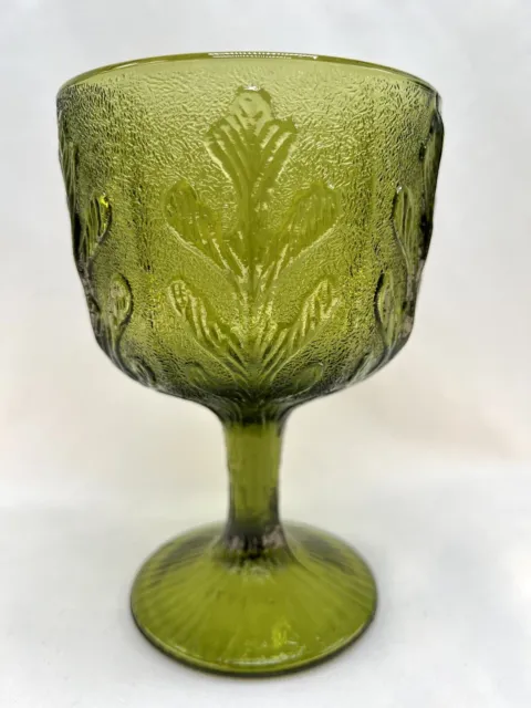 Green Stem Depression Glass Goblet 16oz Oak Leaf Texture 1975 Vintage Retro FTD