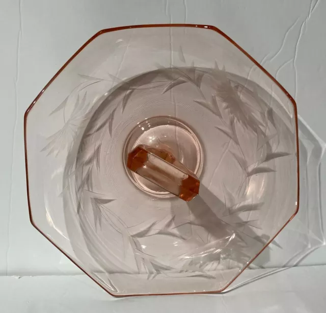 Pink Depression Glass Lavel Leaf  Bowl W/Key Hole 9 1/2" Diameter x 4 1/2" H  2