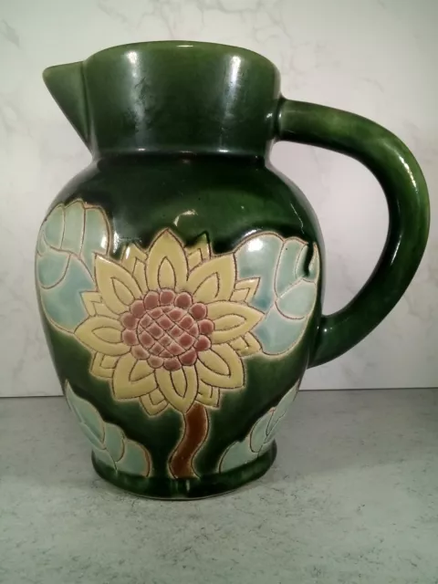 Vintage Steinzeug Krug/Krug grün mit Sonnenblumen-Design