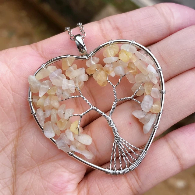 Yellow quartz Stone Tree Of Life Pendant Necklace Chakra Reiki Healing Amulet