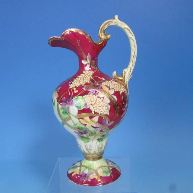 Unmarked Nippon Moriage - Handled Floral Pitcher or Urn - 9 inches