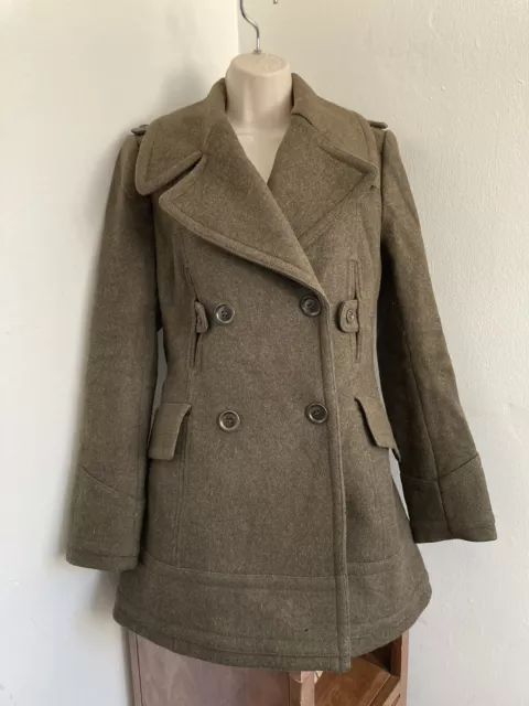 Zara Khaki Olive Green Military Style Wool & Angora Coat Size S