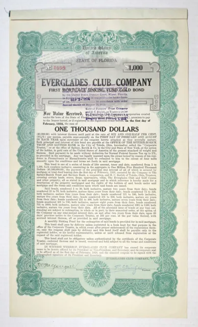 FL. Everglades Club Co., 1928. $1,000 I/U 6 1/3% Coupon Bond. XF-AU.
