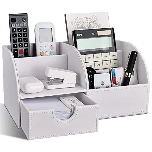 PU Leather Desk Organiser Pen Holders Desk Tidy Organiser Set Pot Desk L-white