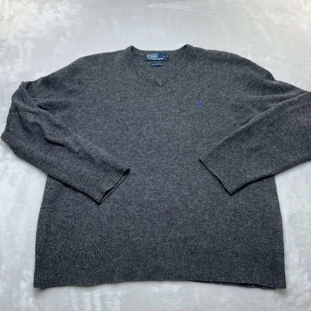 Polo Ralph Lauren Sweater Mens Extra Large XL Gray V-Neck Lambs Wool