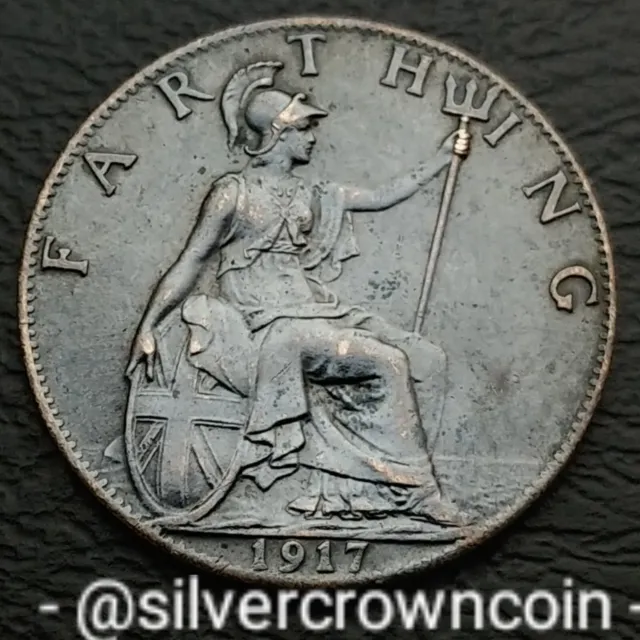 UK, Great Britain Farthing 1917. KM#808.1. 1/4 C. Quarter Penny Cent coin. WWI H