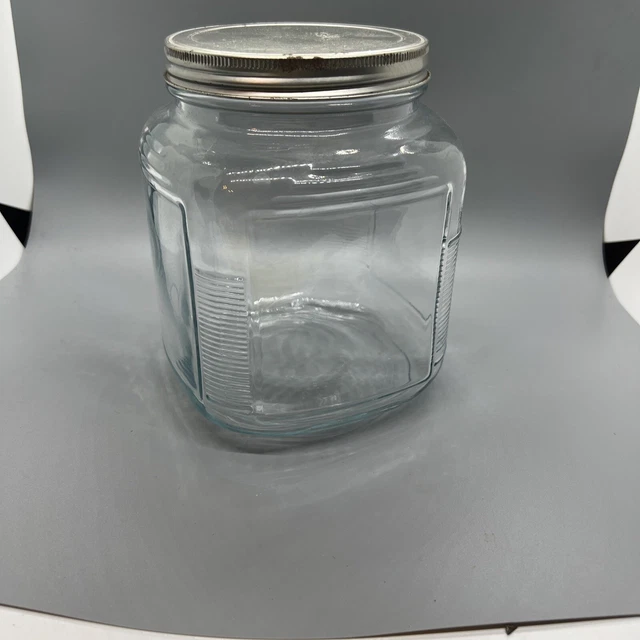 Vintage Hoosier Cabinet Square Ribbed Quart Glass Jar with Metal Lid 2