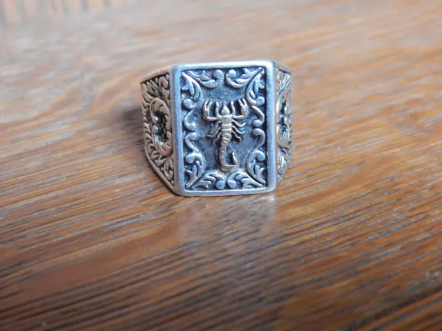 Mens Scorpion Zodiac Sterling Silver Signet Biker Ring Size 9