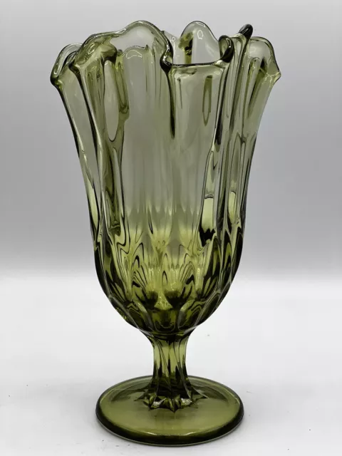 Vtg Fenton Art Glass Swung Vase Green Thumbprint Handkerchief Pedestal Stem 8.5”