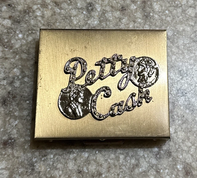 Vintage "Petty Cash" 3” Rhinestones Gold Tone Metal Compact Box For Coins/Cash