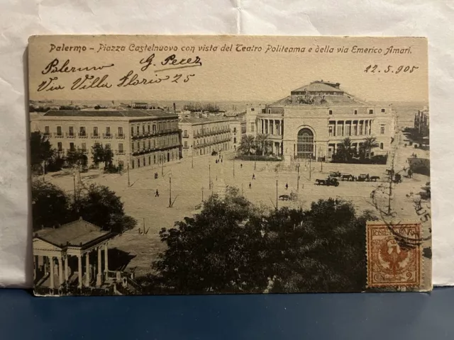 Cartolina Palermo. Piazza Castelnuovo, Politeama, via Emerico Amari. 1905 VG