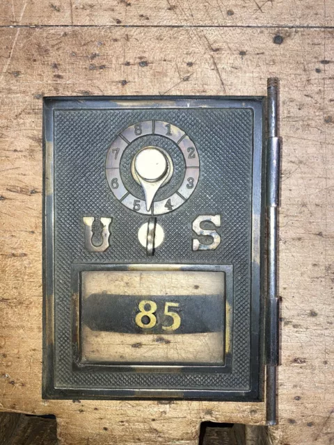 Antique  Vintage Brass Post Office Box Door, Combination Lock. Excellent.