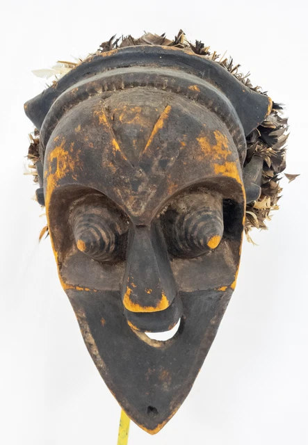 Antique Vintage African Carved Wood Mask with Feathers and Base Kuba People 3