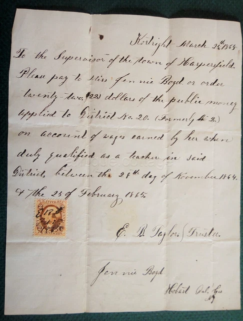 1865 antique HANDWRITTEN TEACHER PAY kostright ny JENNIE BOYD revenue stamp DOC