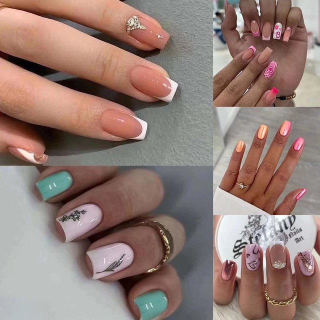 White Edge Fake Nials Long Square Press on Nails New Nail Tips  Women Girls
