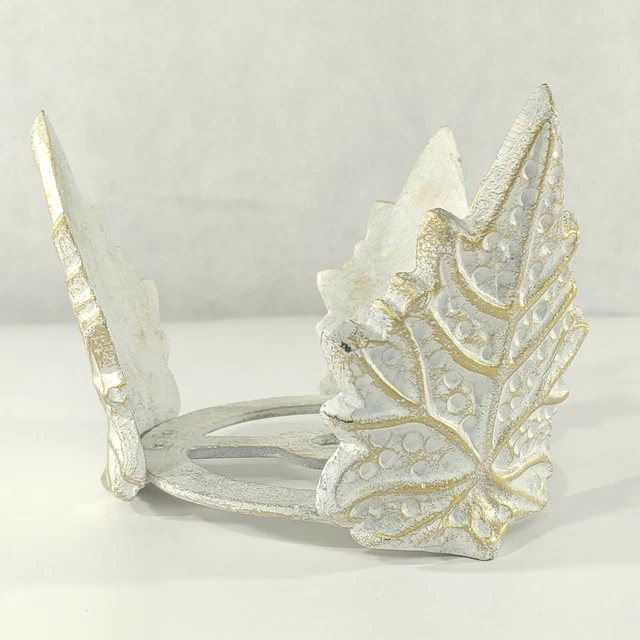 CAST IRON Candle Holder Three Leaf Design White Vintage Farmhouse Decor