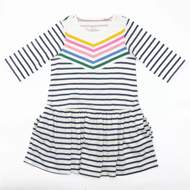 Mini Boden Girls Dress Ivory Navy Rainbow Breton Stripe Jersey ¾ Sleeve Pockets