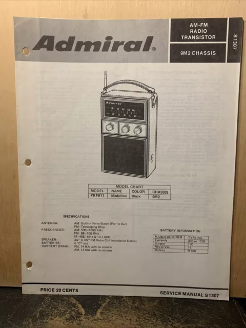 ADMIRAL TRANSISTOR RADIO Model PRF911 -Service Manual- schematics ...