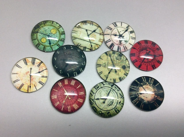 10 Vintage Clock Face Cabochons 16-25mm Mixed Round Glass Picture Dome Flat Back 2