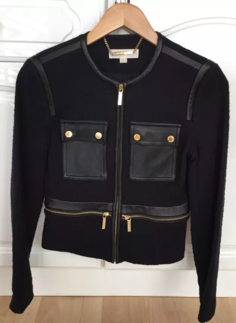Michael Kors Womens Black Tweed/Leather Trim Cropped Jacket Coat Size 6 Us 2 Vgc