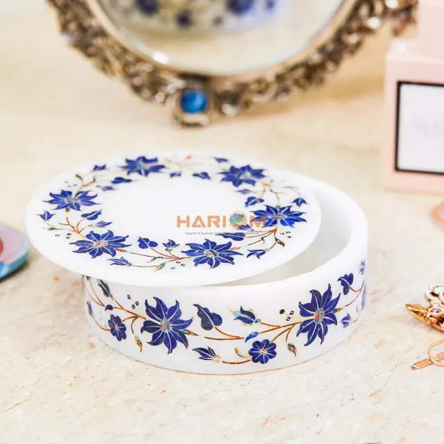5"x5"x3" White Marble Jewelry Box Stone Inlay Lapis Lazuli Floral Marquetry Deco