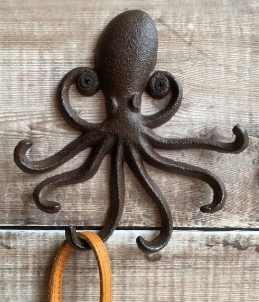 Antique Brown Cast Iron Nautical Octopus Wall  Key Rack Towel Coat Hook 7" decor