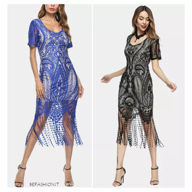 ABITO VESTITO DONNA LONGUETTE Elegante CHARLESTON Pizzo Frange Sera Ballo Natale