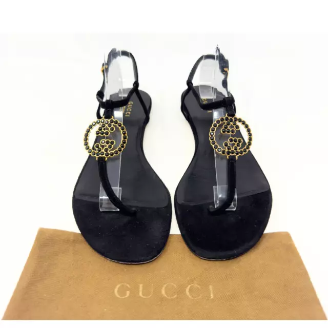 Gucci GG Logo Interlocking Gold Black Crystal Suede Thongs Sandals Flats EU 38.5