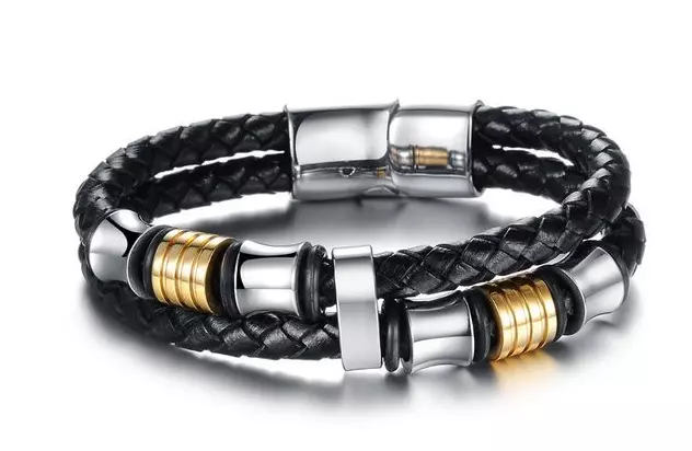 Mens Leather Black Bracelet Silver Gold Stainless Steel Jewelry Gothic Wristband