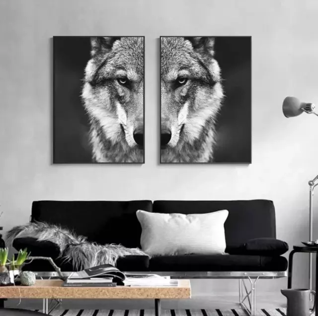 2 Black White Nordic Style Wolf Head Wall Art Picture Wild Animal Canvas Poster 3