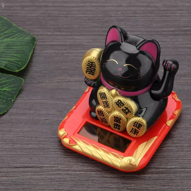 Black Solar Powered Welcoming Cat Adorable Waving Beckoning Fortune Lucky