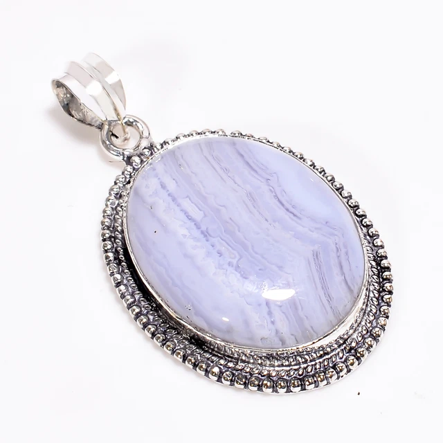 Blue Lace Agate Vintage Style Handmade 925 Sterling Silver Pendant 1.8" GSR-3824