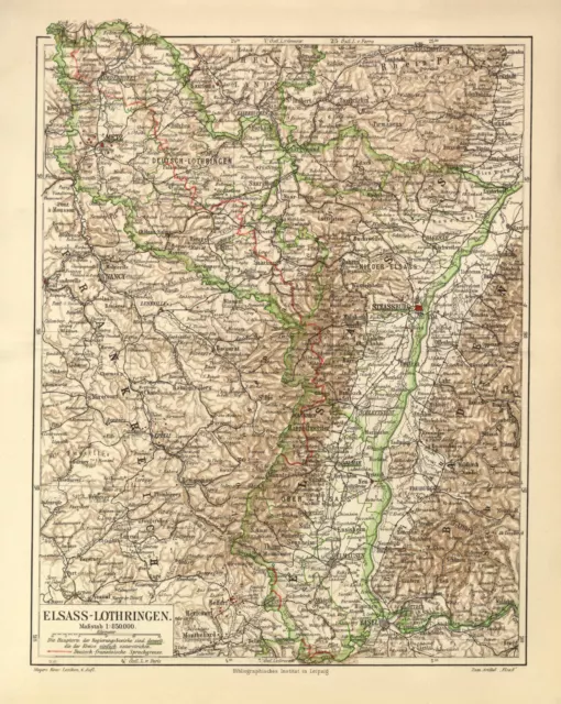 Elsass Lothringen historische Landkarte Lithographie ca. 1903 antike Karte