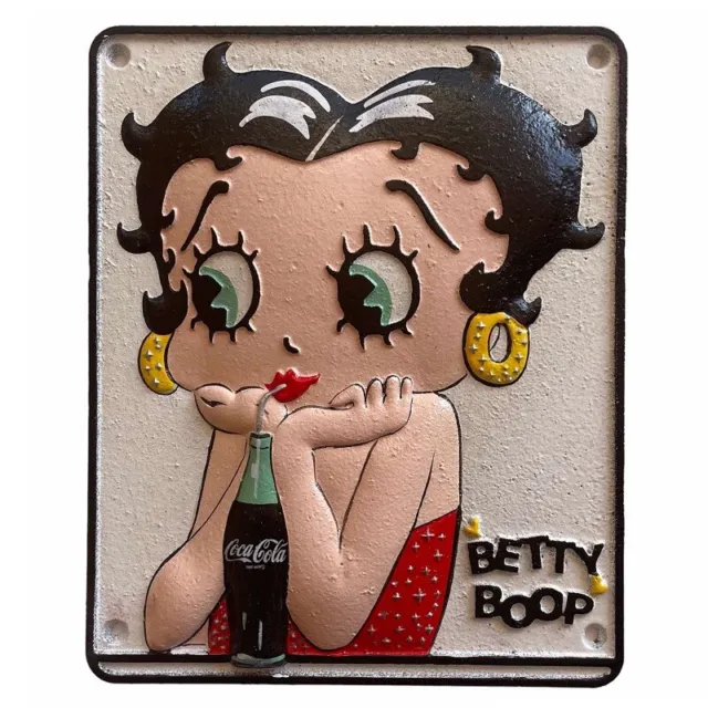 Cast Iron Betty Boop Drinking Coke Embossed Sign 23cm - New