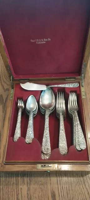 50 Pcs S Kirk & Son Repousse Pattern Sterling Silver Flatware w/ Case