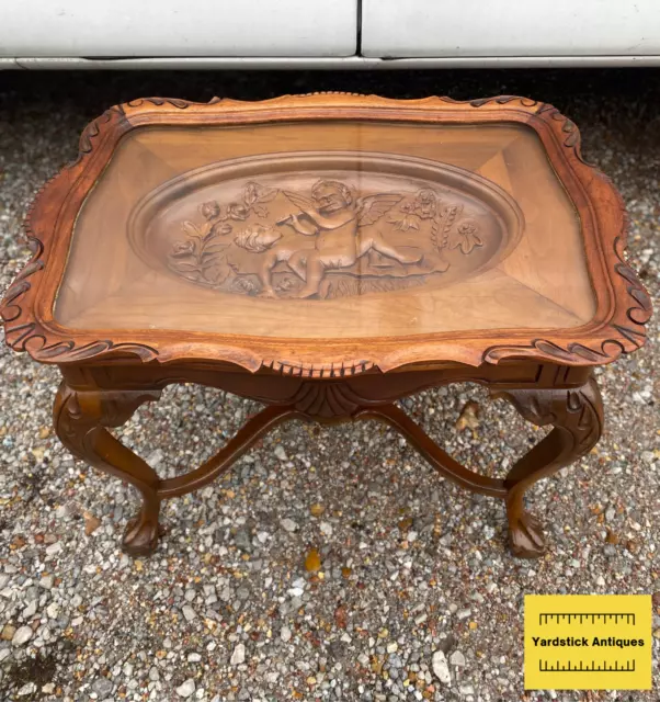 Solid Walnut Carved Cherub Coffee Table with Glass Serving Tray (JLC-CT-15)