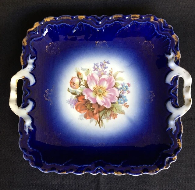 Bavaria Germany Hand Painted Cobalt Blue 10" Plate Floral Pattern Gold Gilt Rim