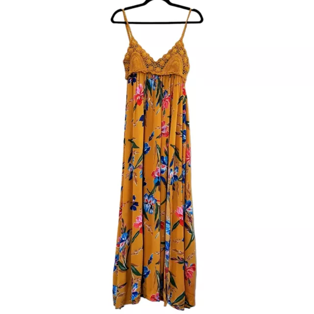 Lulu's Leala Womens Mustard Yellow Floral Print Maxi Dress Size Medium Crochet