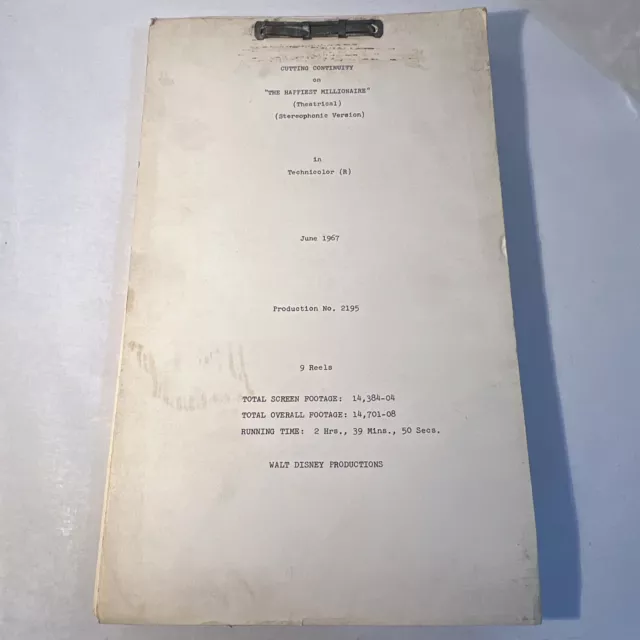 1967 THE HAPPIEST MILLIONAIRE: Original Walt Disney Film Movie Script Continuity