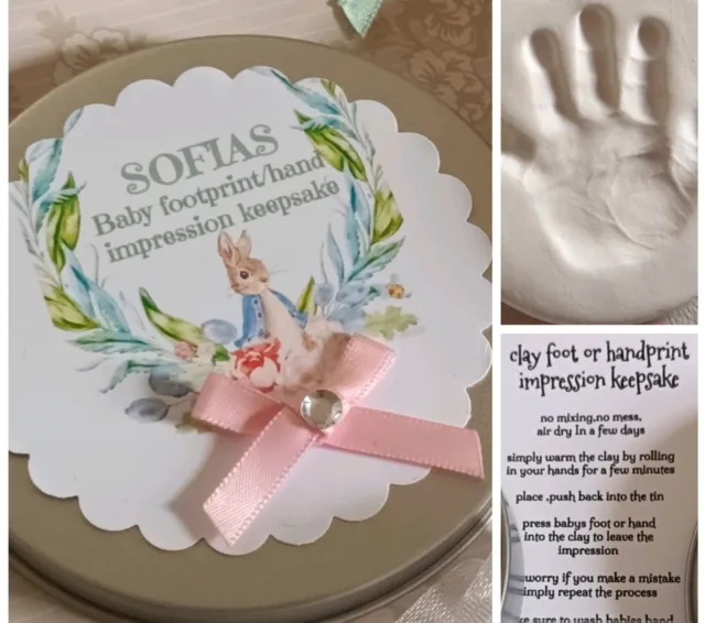 personalised Peter Rabbit Clay Casting Foot Handprint gift Baby 1st Birthday