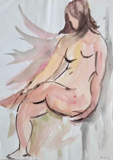 XOUAL (XX) Aquarelle lavis sanguine Nu 1977 29x21cm Figuration libre