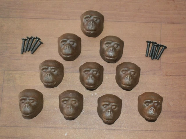 Vintage Old cast iron Gorilla face drawer door knob handles pull rustic 10 pcs