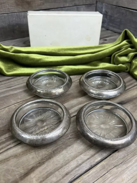 Set of 4 Vintage B I Co Sterling Silver & Glass 3.75" Coasters with Original Box