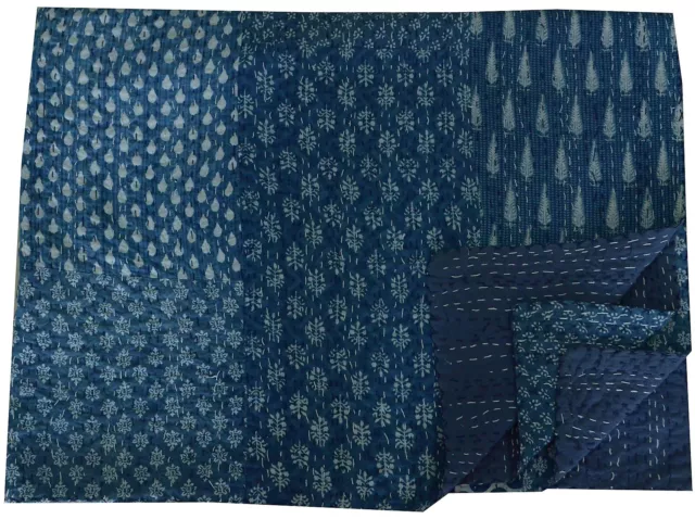 Indigo Blue Kantha Quilt Patchwork Bedspread Floral Block Print Twin Size Gudari