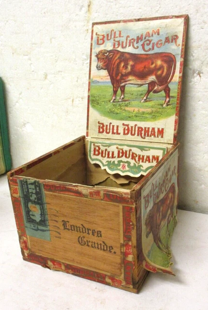 Vintage 1910 wood cigar box Bull Durham Cigar, nice labels