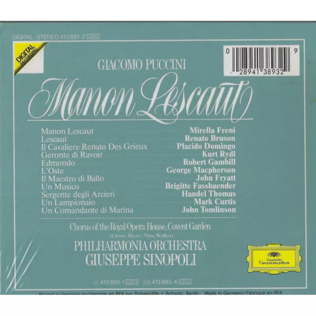 Puccini, Frein, Domingo, Sinopoli CD Manon Lescaut / 4138932 Scellé 2