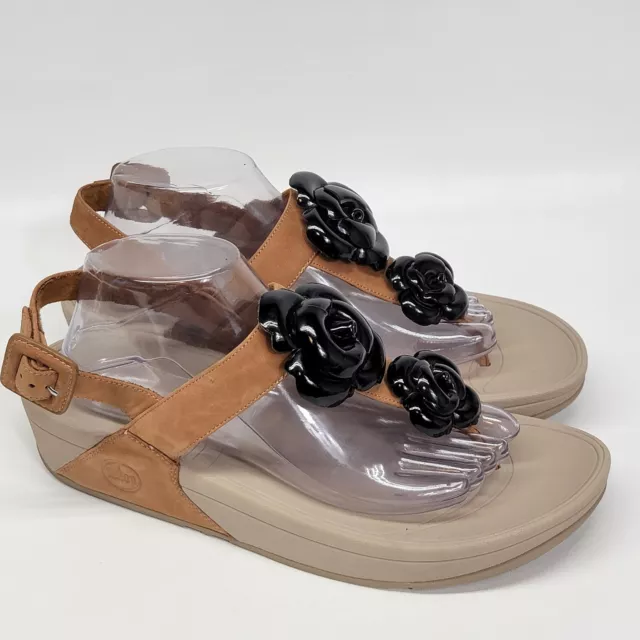 Fitflop Sandals Womens 11 Brown Roses  Slip On Thong Leather wedge