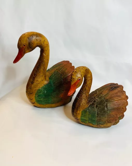 2 Hand Carved Wooden Swans 8" And Baby Swan 6" Figurines/Decoys Brown