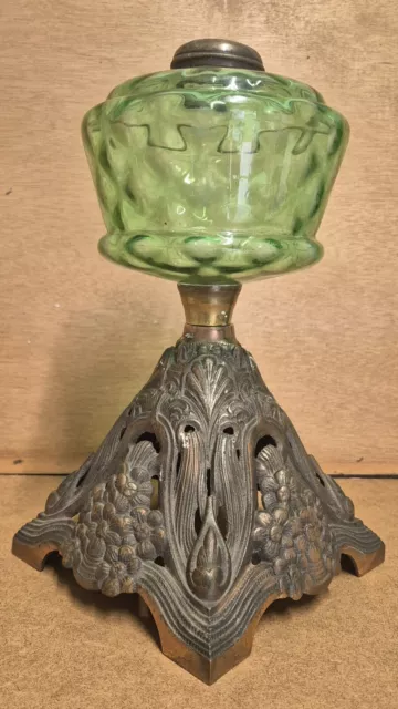 Antique Victorian Kerosene Oil Lamp Green Glass Cast Iron Font & Base